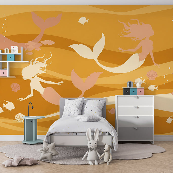Papier peint chambre enfant | Sirènes et poissons dans un océan doré