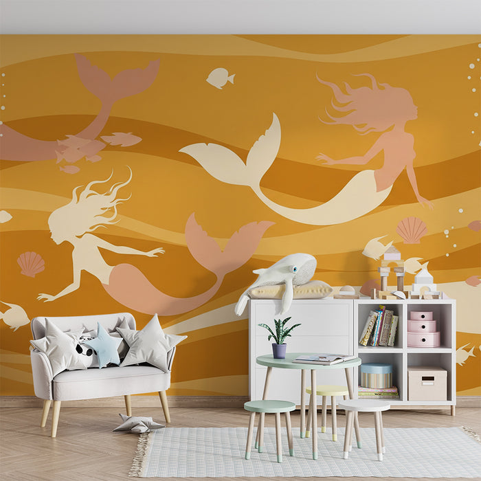 Papier peint chambre enfant | Sirènes et poissons dans un océan doré