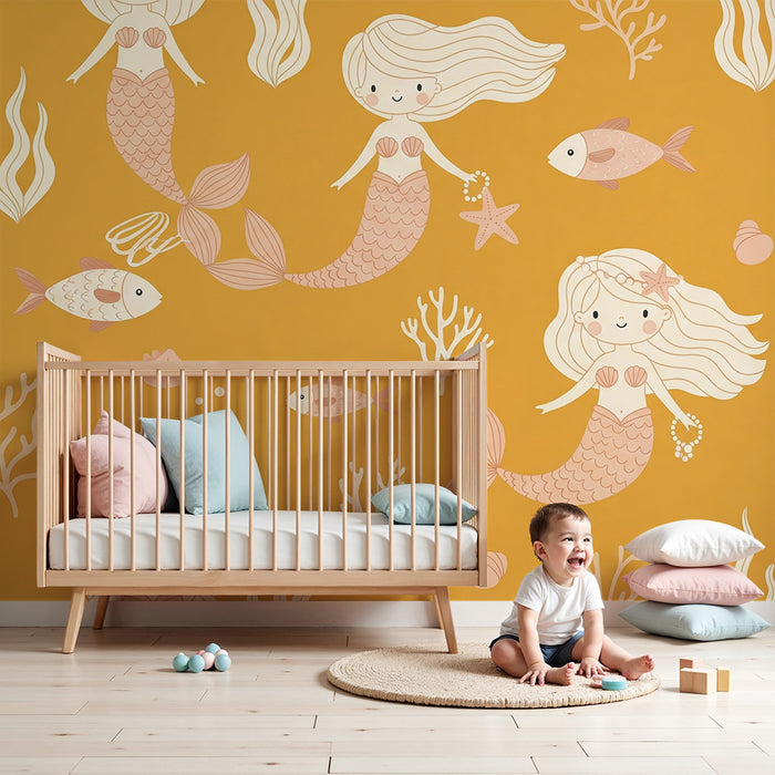 Papier peint chambre enfant | Sirènes joyeuses et poissons dans un océan doré