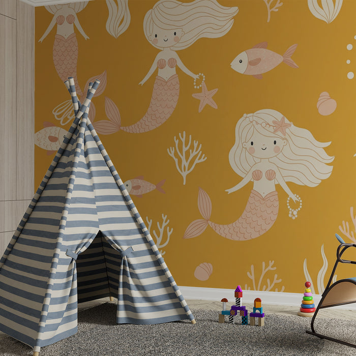 Papier peint chambre enfant | Sirènes joyeuses et poissons dans un océan doré