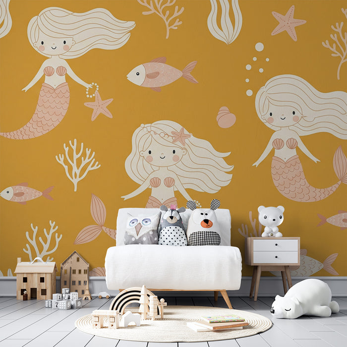 Papier peint chambre enfant | Sirènes joyeuses et poissons dans un océan doré