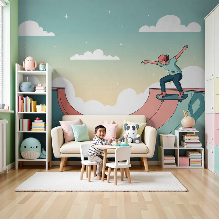 Papier peint chambre enfant | Skateboard et ciel pastel dans un skatepark