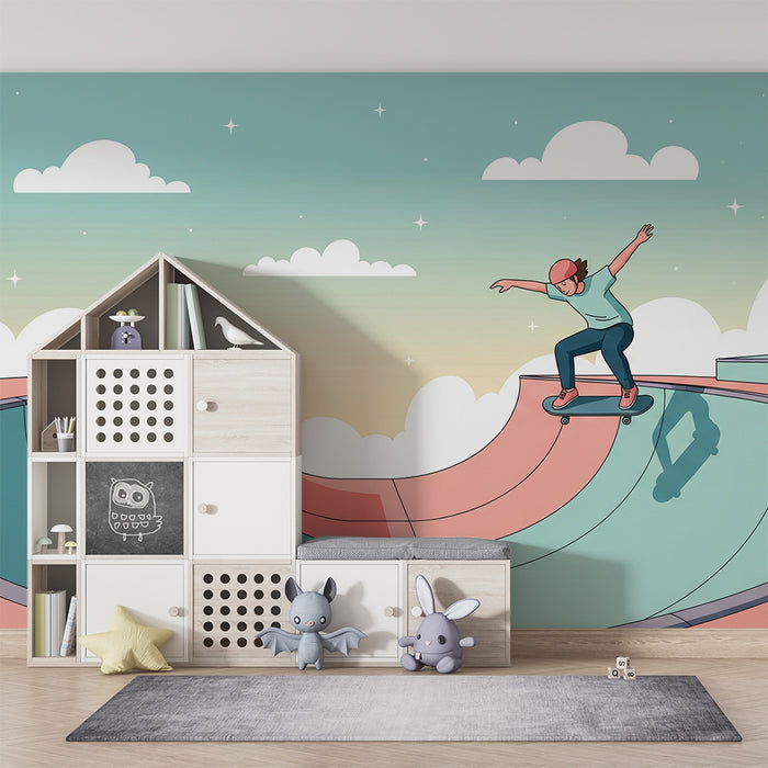 Papier peint chambre enfant | Skateboard et ciel pastel dans un skatepark