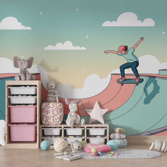 Papier peint chambre enfant | Skateboard et ciel pastel dans un skatepark