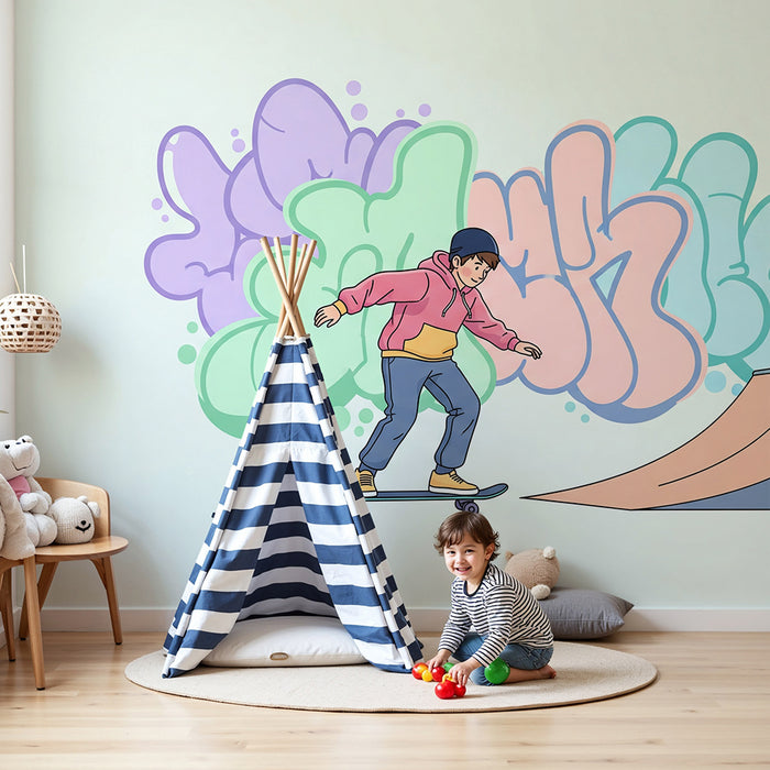 Papier peint chambre enfant | Skateboard et graffiti coloré pour un univers dynamique