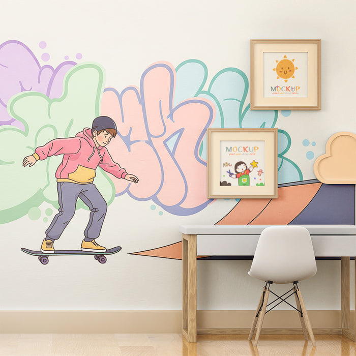 Papier peint chambre enfant | Skateboard et graffiti coloré pour un univers dynamique
