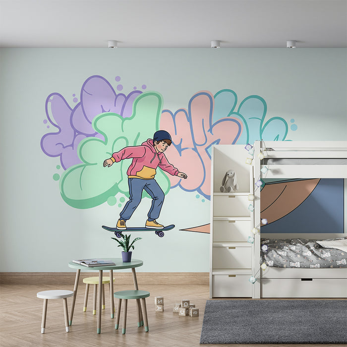 Papier peint chambre enfant | Skateboard et graffiti coloré pour un univers dynamique