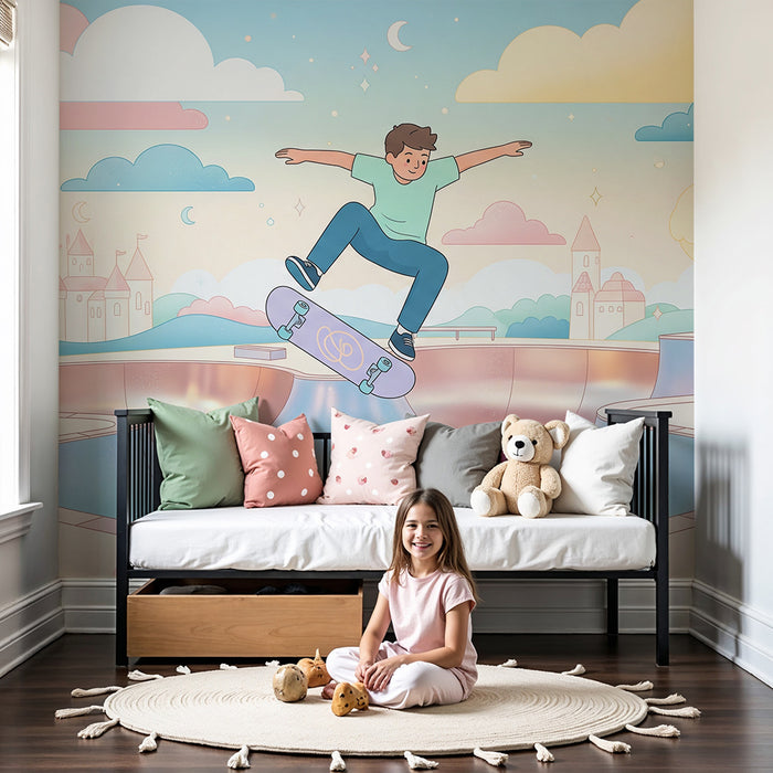 Papier peint chambre enfant | Skateboard et parc de loisirs dans un paysage pastel
