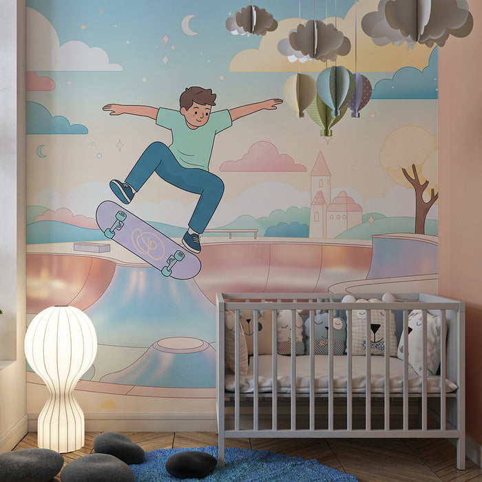 Papier peint chambre enfant | Skateboard et parc de loisirs dans un paysage pastel