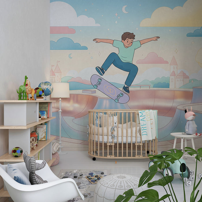 Papier peint chambre enfant | Skateboard et parc de loisirs dans un paysage pastel