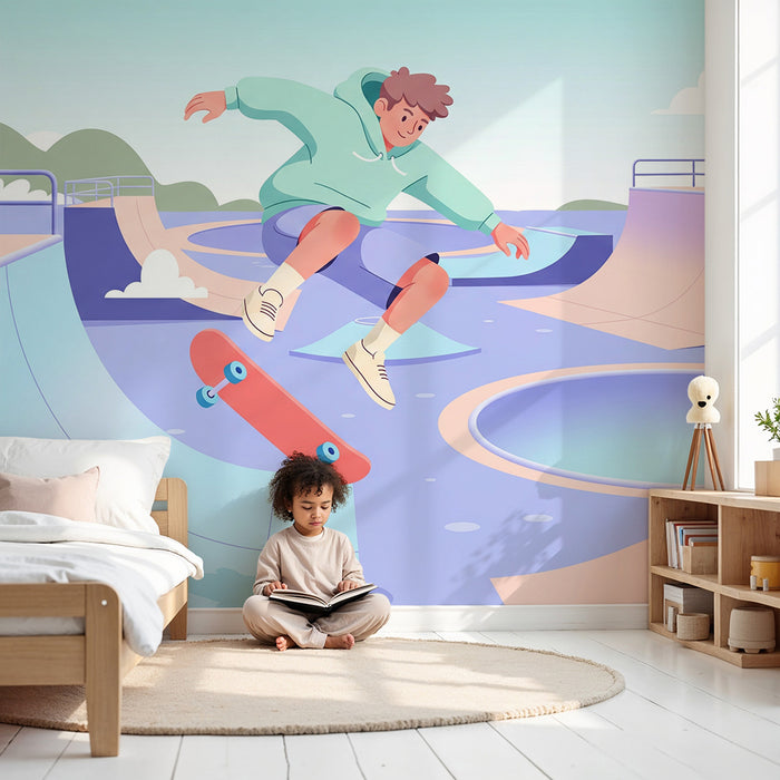 Behang voor de kinderkamer | Skateboard en kleurrijk skatepark voor kleine avonturiers