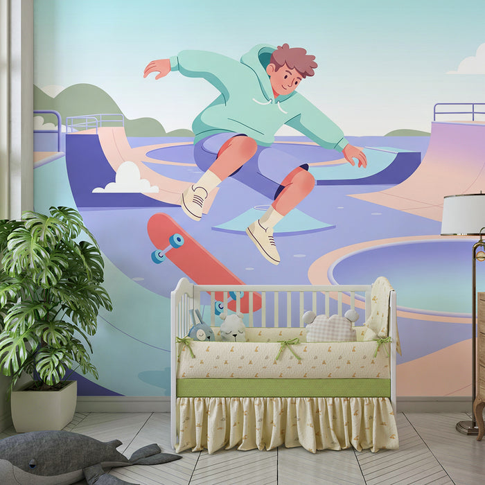 Behang voor de kinderkamer | Skateboard en kleurrijk skatepark voor kleine avonturiers