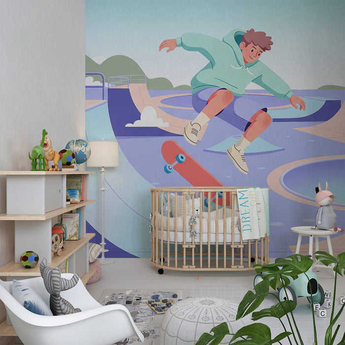 Behang voor de kinderkamer | Skateboard en kleurrijk skatepark voor kleine avonturiers