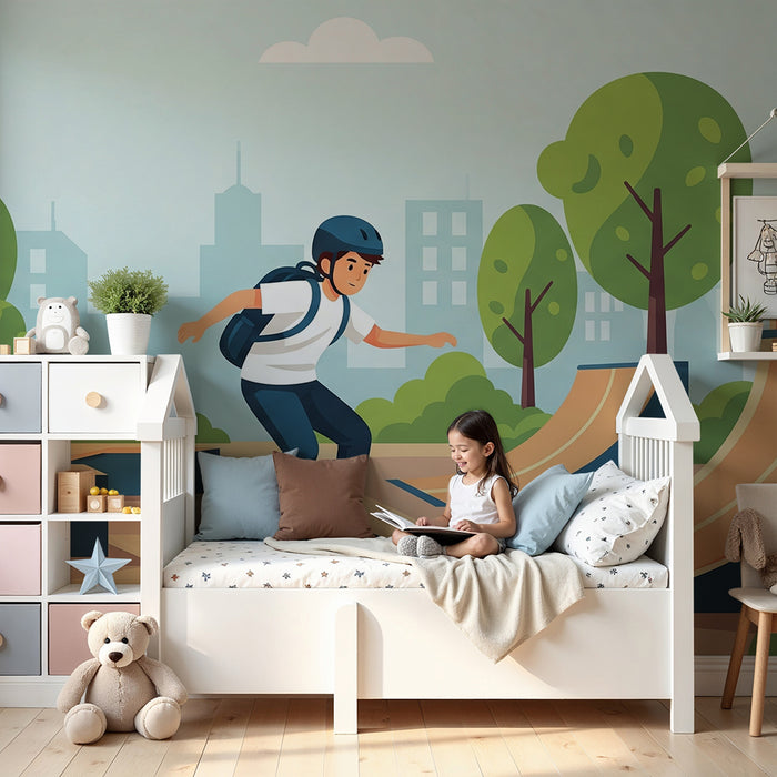 Behang kinderkamer | Skateboard en levendig stadspark