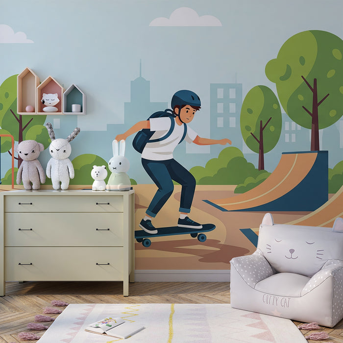 Behang kinderkamer | Skateboard en levendig stadspark