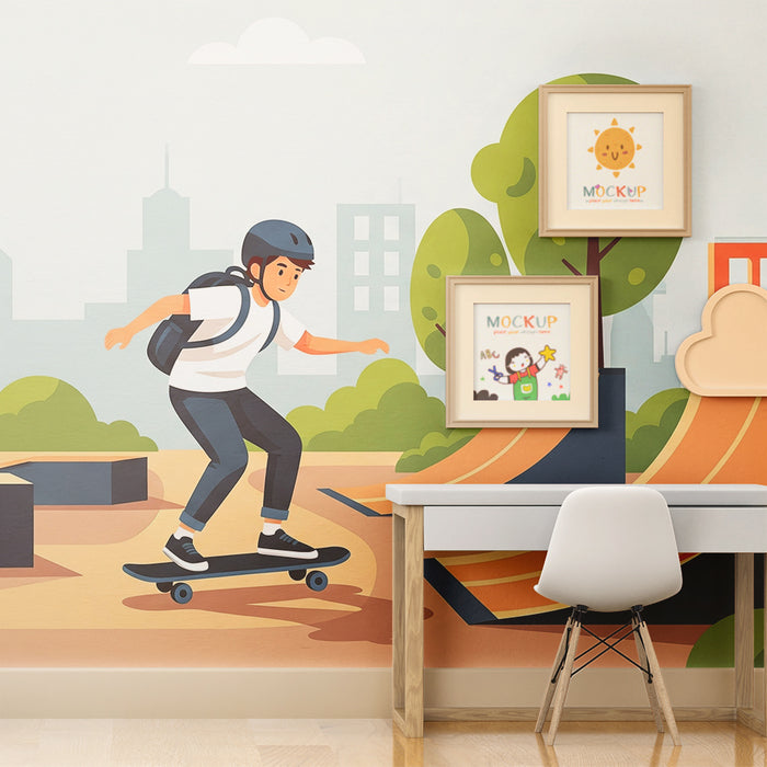 Behang kinderkamer | Skateboard en levendig stadspark