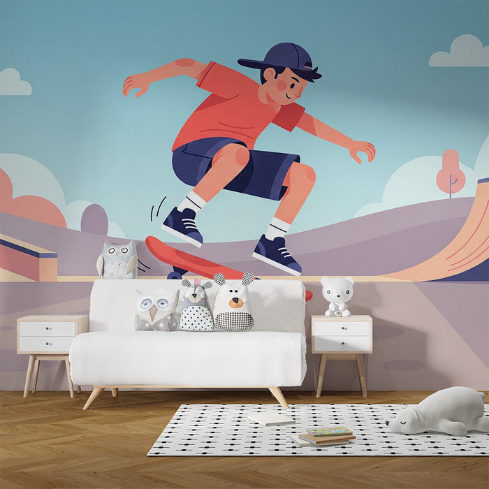 Tapeta do dětského pokoje | Skateboard a triky v barevném skateparku