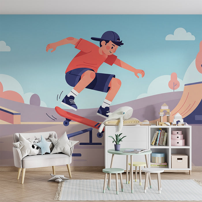 Tapeta do dětského pokoje | Skateboard a triky v barevném skateparku