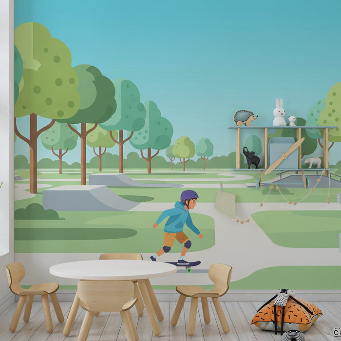 **Kinderzimmer Tapete | Lebendiger Skatepark mit grünen Bäumen**