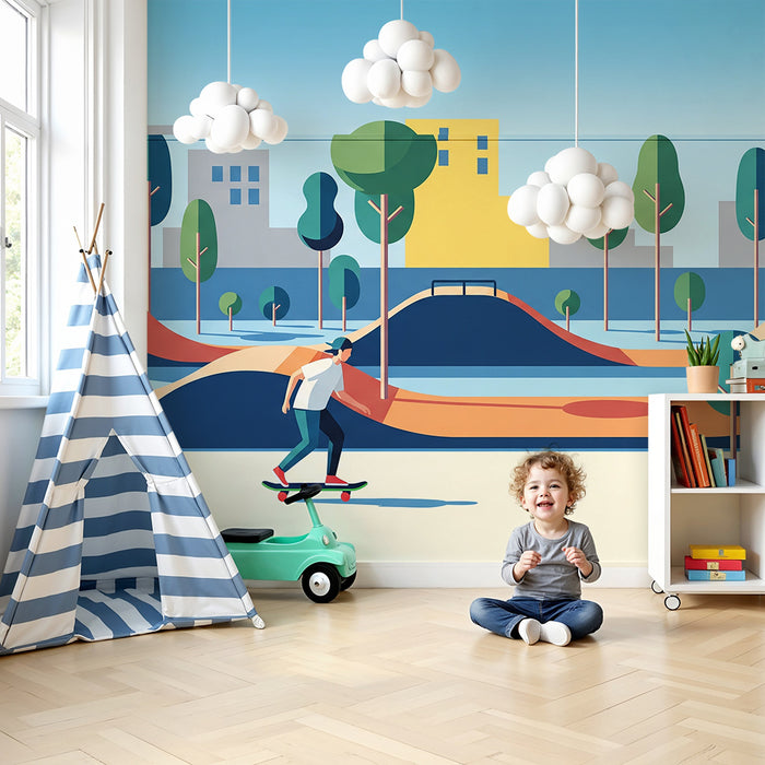 Papel de parede para quarto infantil | Skatepark colorido com skatista em plena ação