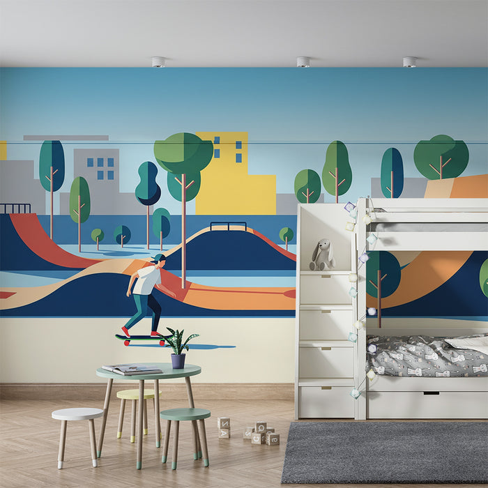 Papel de parede para quarto infantil | Skatepark colorido com skatista em plena ação