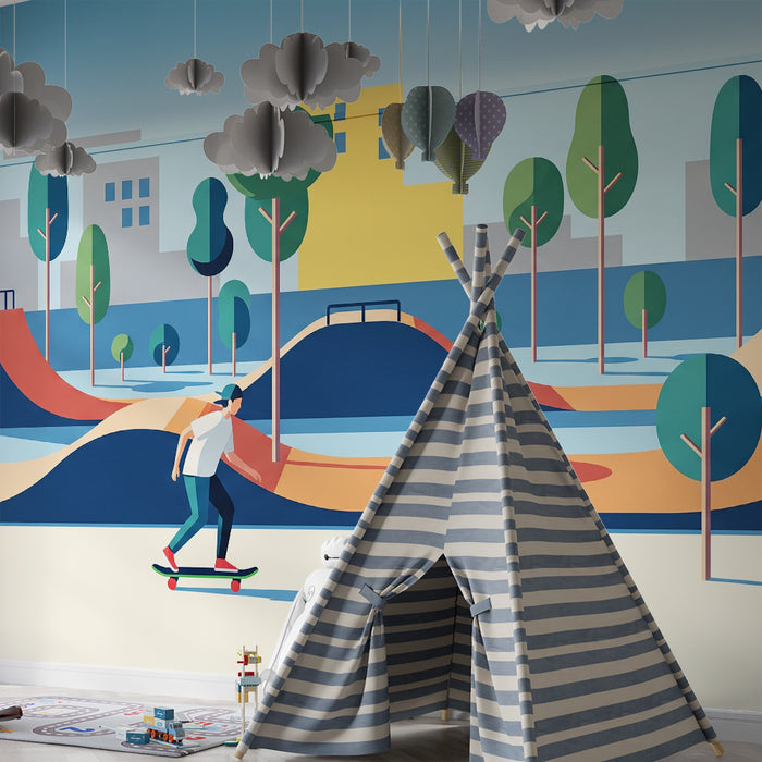 Papel de parede para quarto infantil | Skatepark colorido com skatista em plena ação