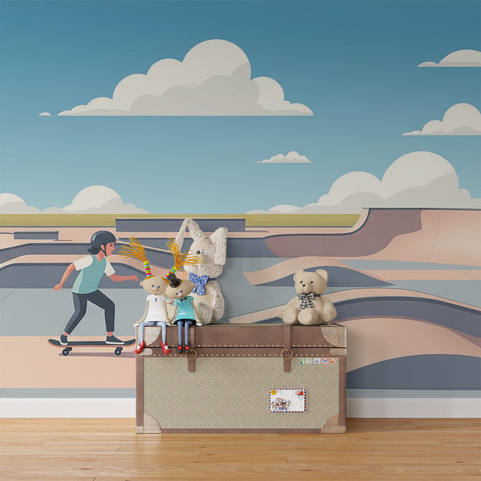 Papel de parede para quarto infantil | Skatepark dinâmico com skatista em ação