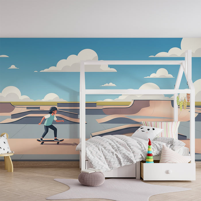 Papel de parede para quarto infantil | Skatepark dinâmico com skatista em ação