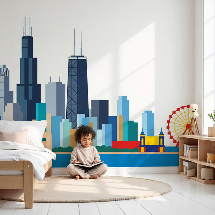 Carta da parati bambini | Skyline colorato di Chicago con grande ruota e edifici iconici
