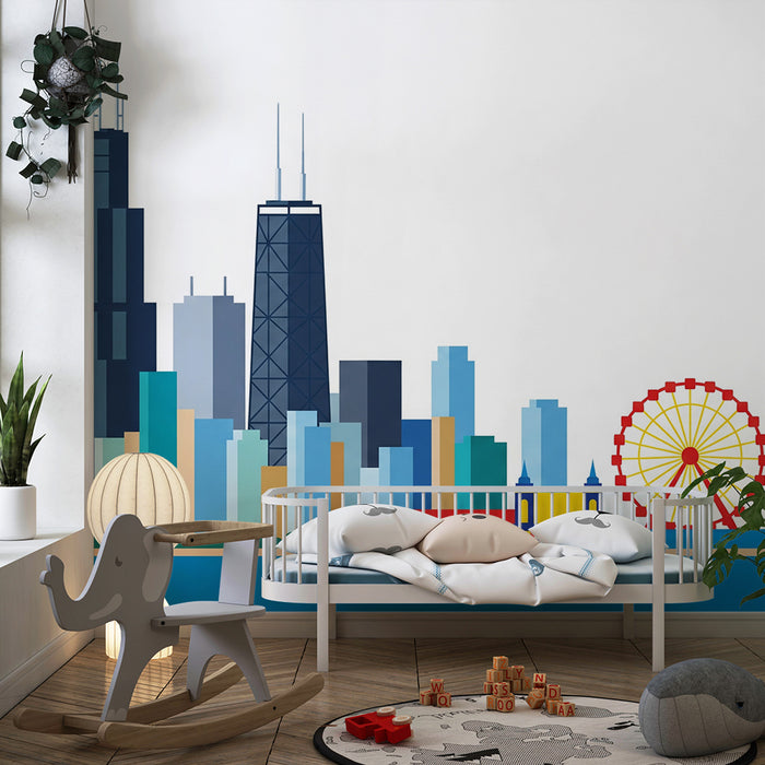 Carta da parati bambini | Skyline colorato di Chicago con grande ruota e edifici iconici