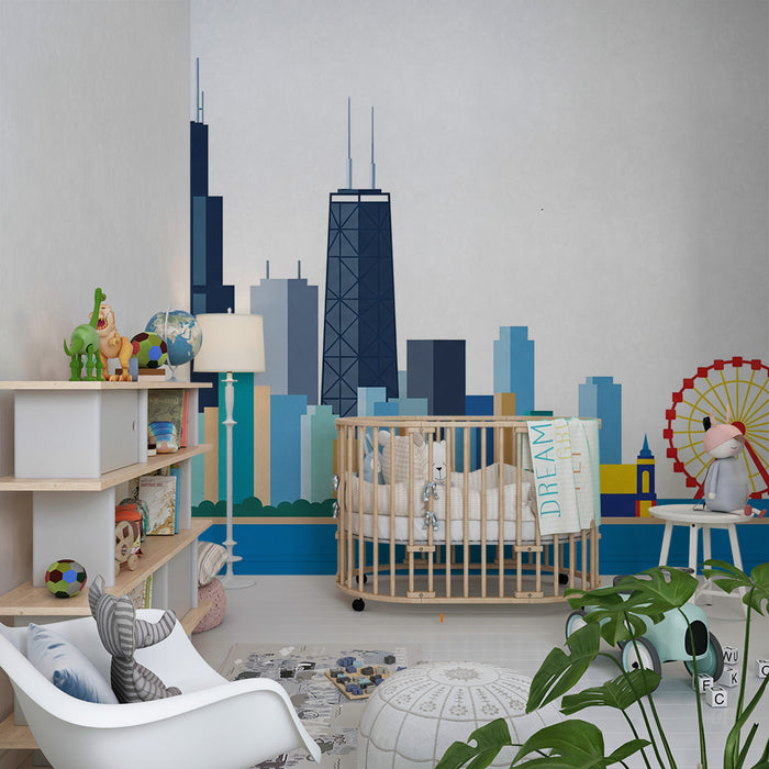 Carta da parati bambini | Skyline colorato di Chicago con grande ruota e edifici iconici