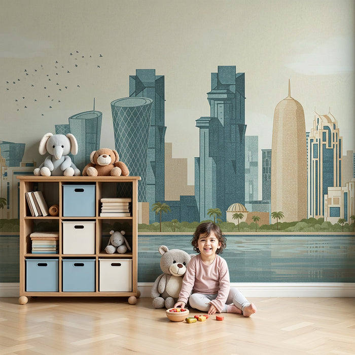 Papel de parede para quarto infantil | Skyline moderno com edifícios estilizados e palmeiras