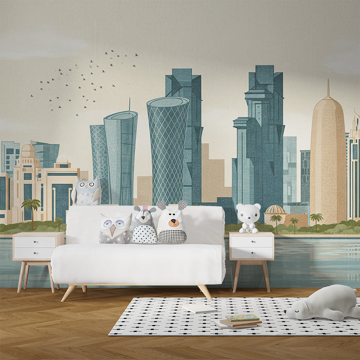 Papel de parede para quarto infantil | Skyline moderno com edifícios estilizados e palmeiras