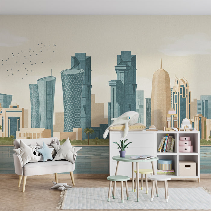 Papel de parede para quarto infantil | Skyline moderno com edifícios estilizados e palmeiras