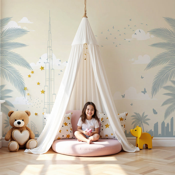 Papier peint chambre enfant | Skyline moderne avec palmiers et oiseaux