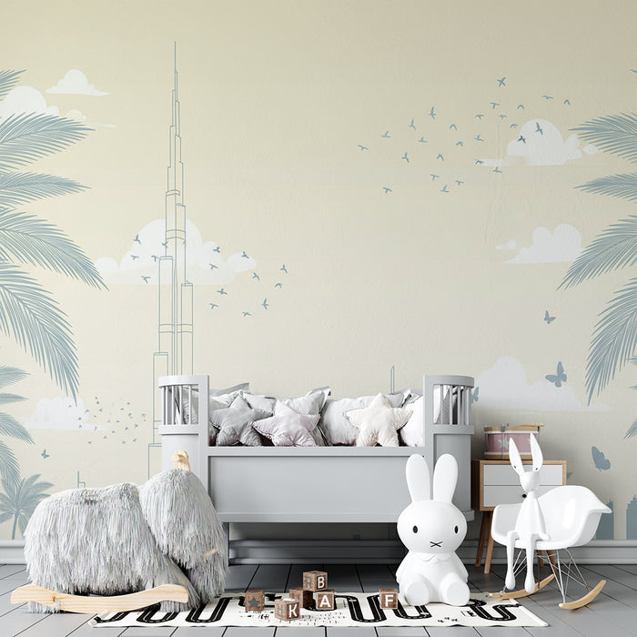 Papier peint chambre enfant | Skyline moderne avec palmiers et oiseaux