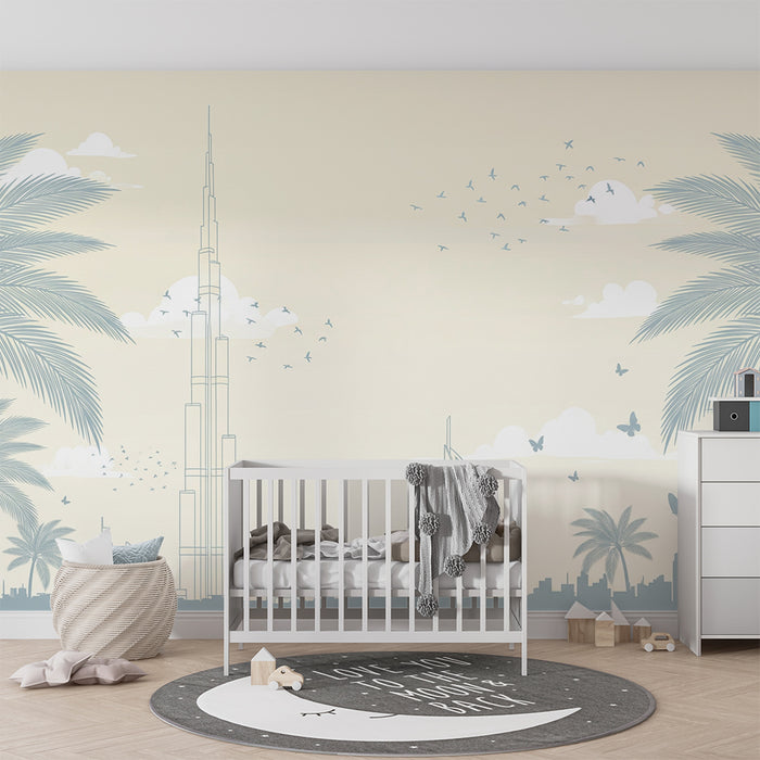 Papier peint chambre enfant | Skyline moderne avec palmiers et oiseaux