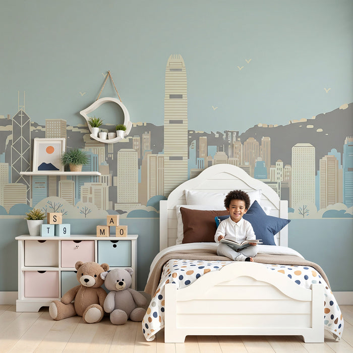 Børneværelses tapet | Moderne Hong Kong skyline med bløde nuancer