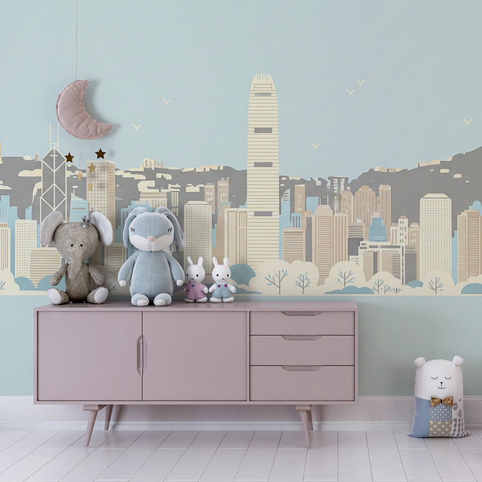 Børneværelses tapet | Moderne Hong Kong skyline med bløde nuancer