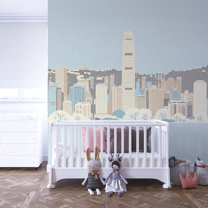 Børneværelses tapet | Moderne Hong Kong skyline med bløde nuancer