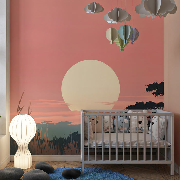 Papier peint chambre enfant | Soleil couchant sur la savane