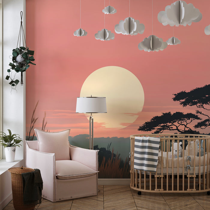 Papier peint chambre enfant | Soleil couchant sur la savane