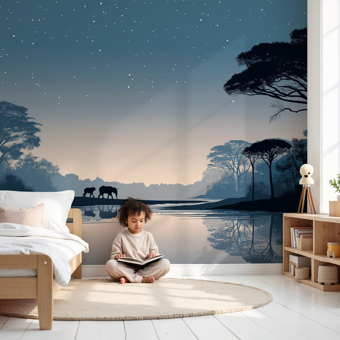 Papier peint chambre enfant | Somptueux paysage nocturne avec éléphants