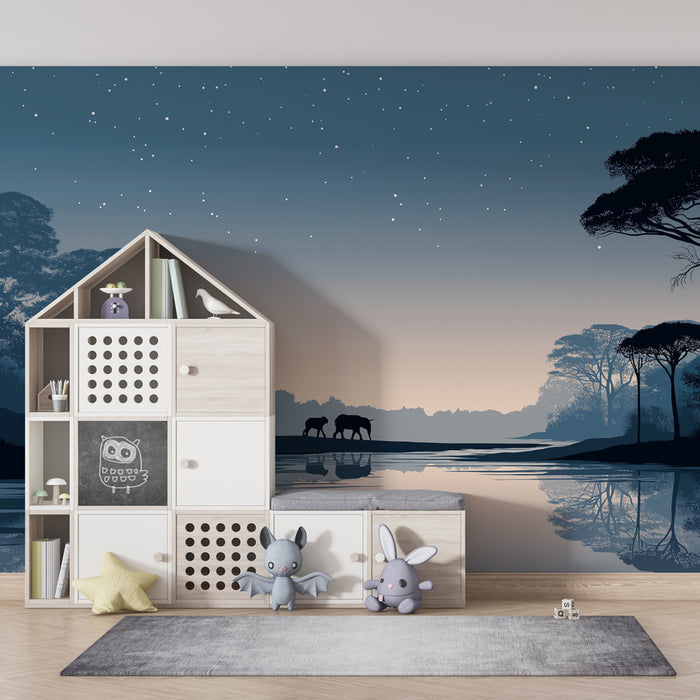 Papier peint chambre enfant | Somptueux paysage nocturne avec éléphants