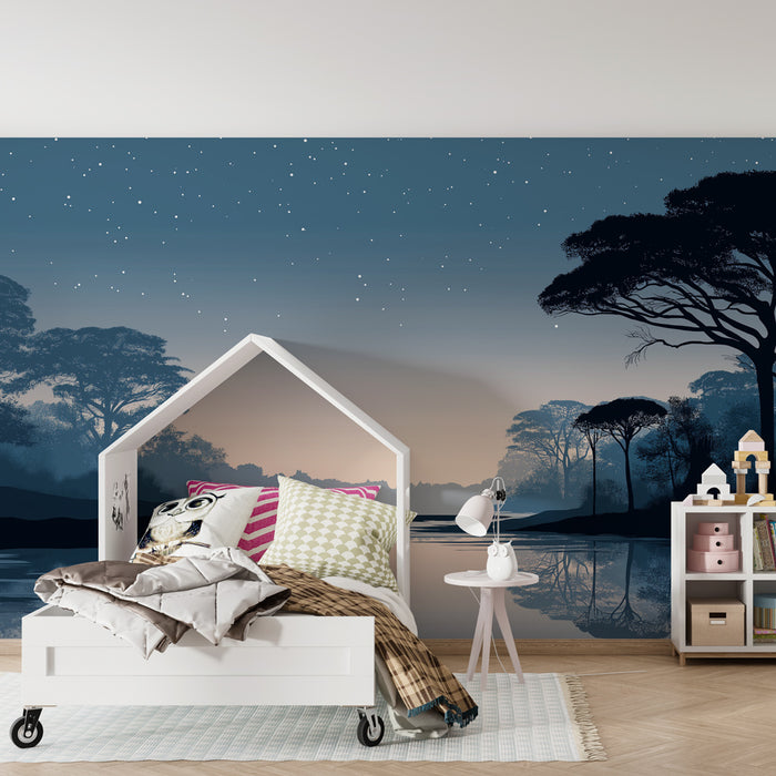 Papier peint chambre enfant | Somptueux paysage nocturne avec éléphants