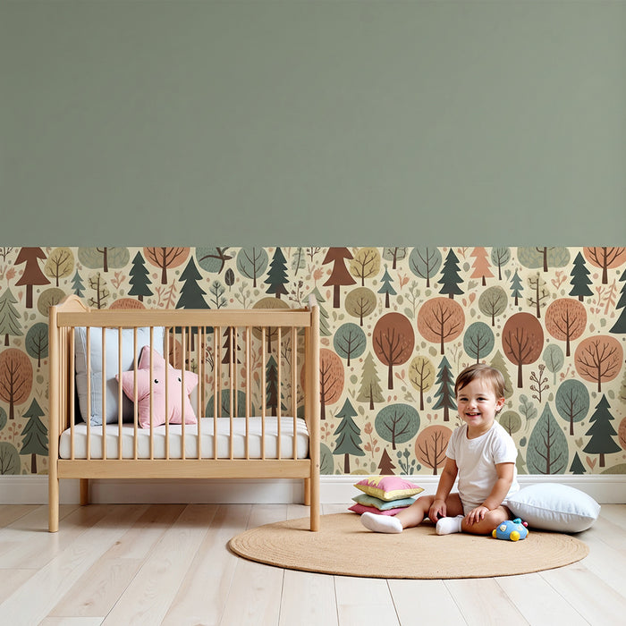 Papier peint chambre enfant | Soubassement forêt enfantine colorée