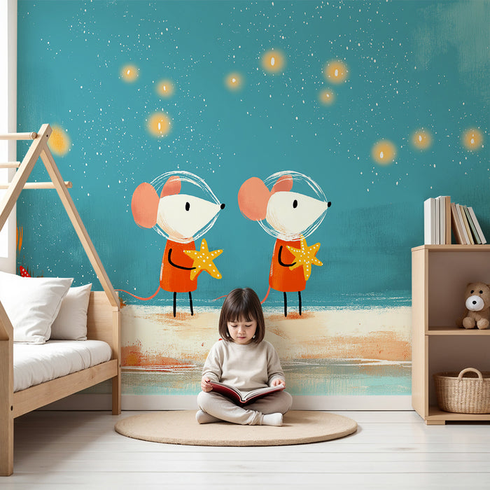 Kids room wallpaper | Mouse astronauts and starfish under a starry sky