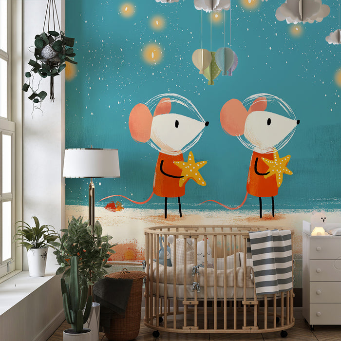 Kids room wallpaper | Mouse astronauts and starfish under a starry sky