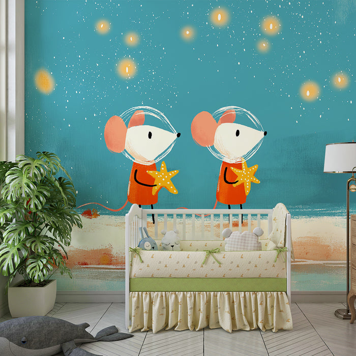 Kids room wallpaper | Mouse astronauts and starfish under a starry sky
