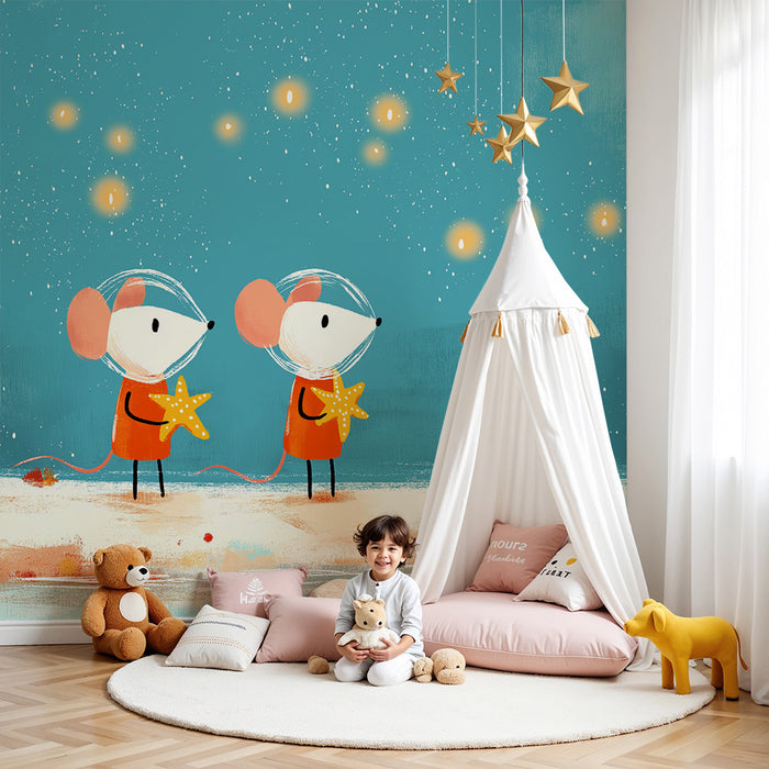 Kids' room wallpaper | Astronaut mice exploring a starry underwater world